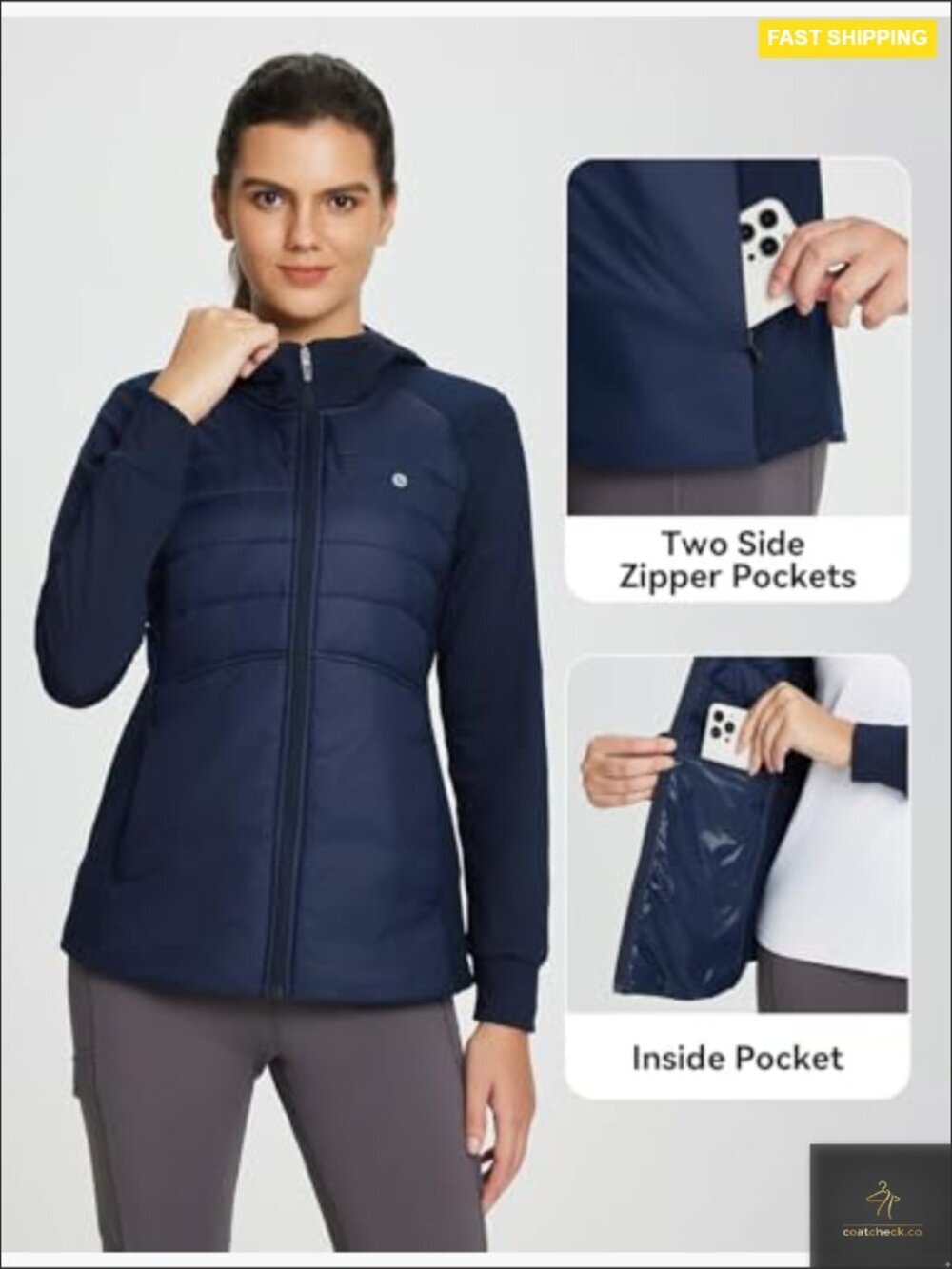 Women's Running Winter Jacket Hooded Lightweight Insulated Puffer Zip Pockets - Picture 4 of 6